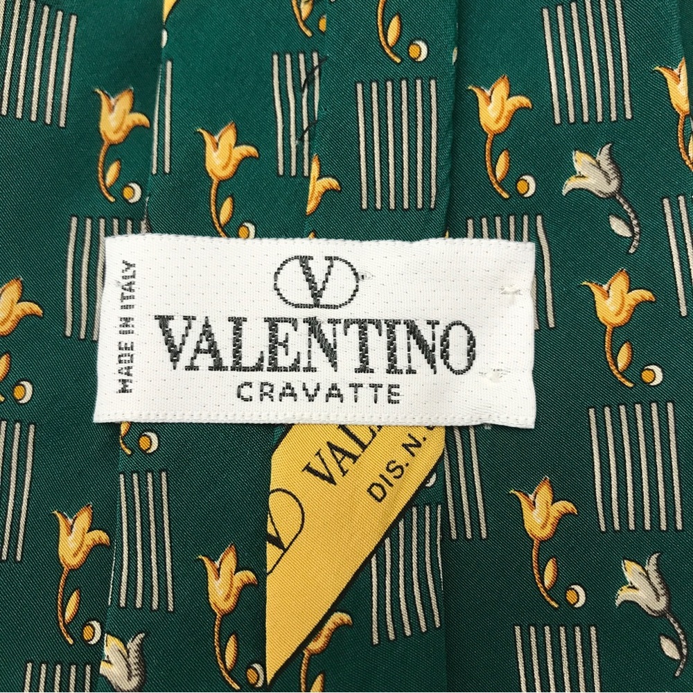 Valentino Retro Vintage Designer Green Gold Silk Tie Made in Italy